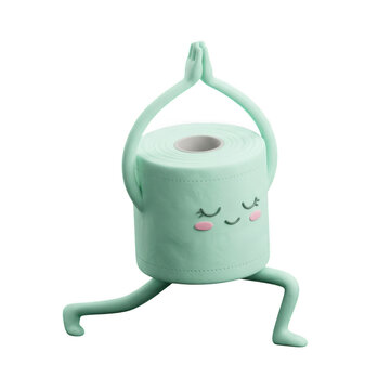 Cute cartoon toilet paper roll character doing yoga pose isolated on transparent background