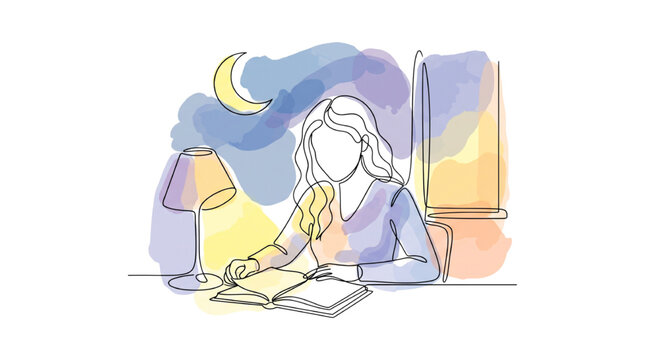 Continuous line art of young woman reading book under lamp at night watercolor vector illustration
