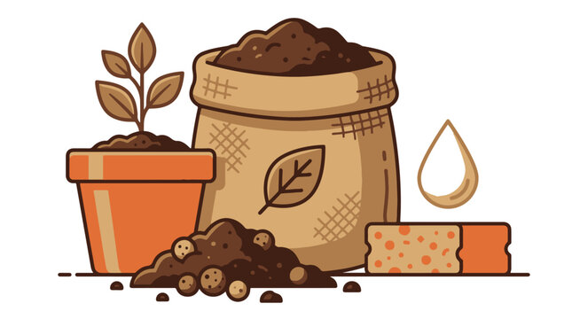 Vector illustration of gardening equipment including a potted plant sapling soil bag fertilizer pile and water drop icon