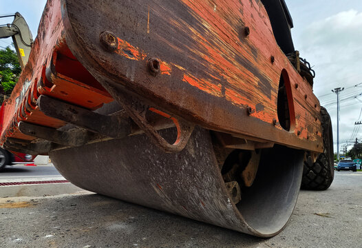 Large road roller during road repair works