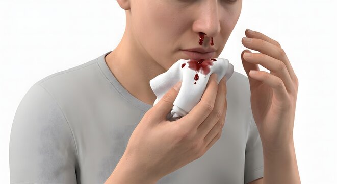 Hyper-Realistic Medical 3D Render of Epistaxis: Person Catching Nosebleed Drips with Cloth on White Background
