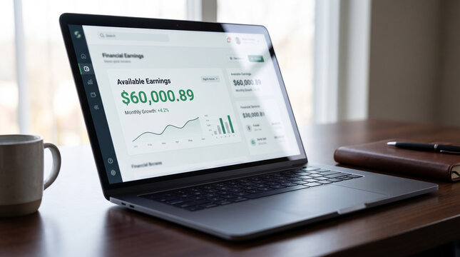 Laptop Screen Showing Income Graph and Available Earnings