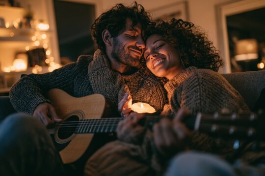 Cozy couple shares music and warmth on a soft couch