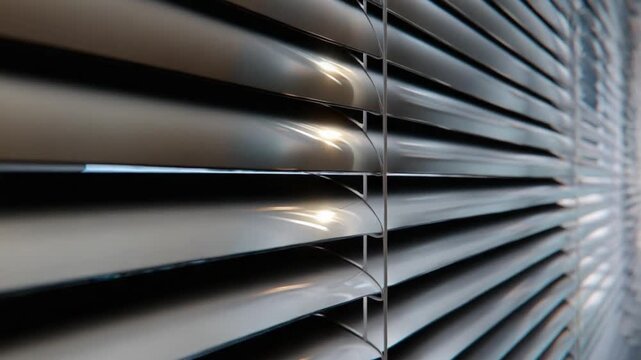 Modern Window Blinds: A close-up view of sleek, metallic horizontal blinds casting subtle shadows, offering a sense of privacy and contemporary interior design.