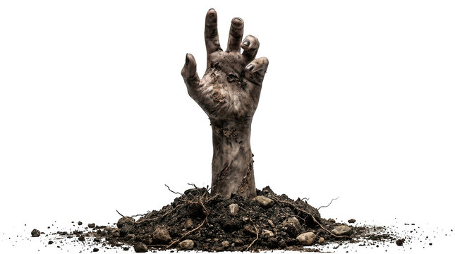 Decomposed zombie hand reaching out from the soil isolated on transparent background