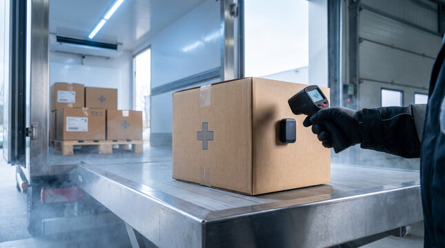 Medical cold chain worker checking the temperature of a pharmaceutical package inside a refrigerated delivery truck at a warehouse, with IoT temperature monitoring technology and cold storage conditio