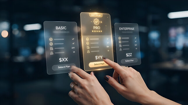 Hand holding three transparent digital pricing tier cards displaying basic, pro, and enterprise plans with glowing icons and text in modern office setting