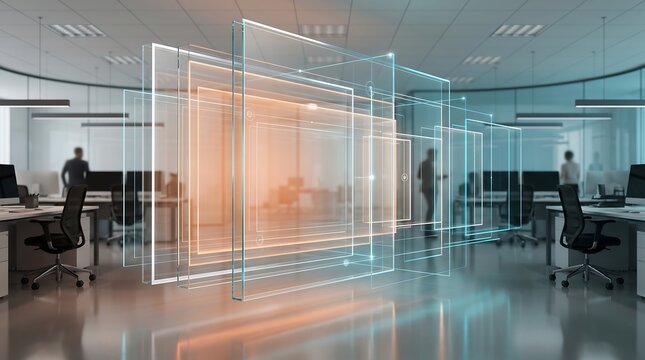 Transparent digital interface panels floating in modern office workspace featuring abstract data visualization layers for corporate technology and business analytics concepts 3D render