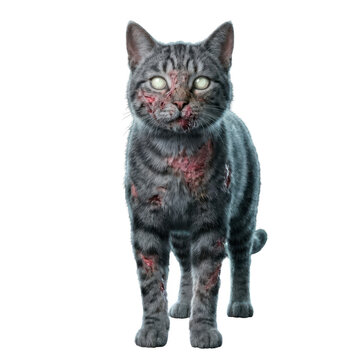Scary undead zombie cat with glowing eyes and wounds isolated on transparent background