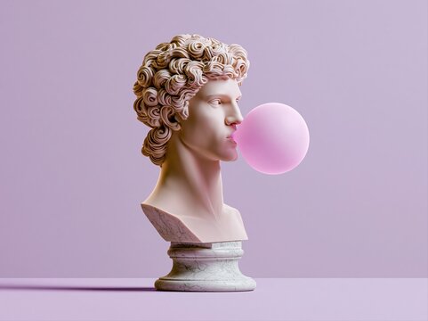 Classical bust blowing a pink bubble gum bubble against a pastel background