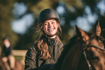 Fototapeta premium Young rider smiles warmly beside a brown horse