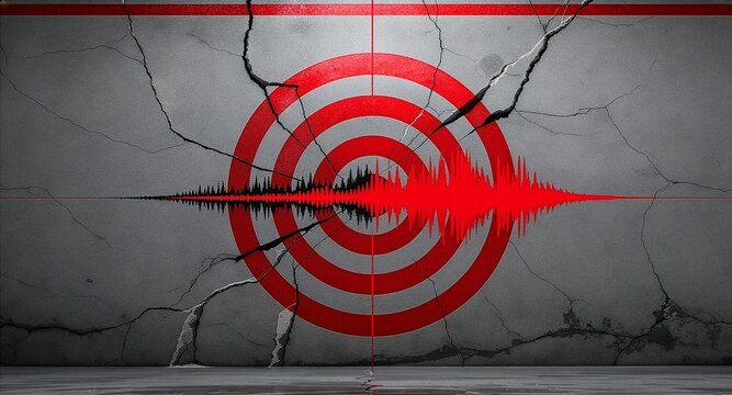 A red seismic wave sound frequency on a target bullseye symbol overlaying a cracked concrete wall, conceptualizing earthquake measurement, epicenter detection, and seismology.