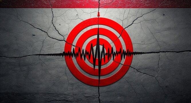 A black seismic wave frequency graph on a red target bullseye symbol overlaying a cracked concrete wall, conceptualizing earthquake magnitude measurement and epicenter detection.
