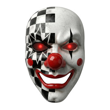 Creepy clown mask with glowing red eyes isolated on transparent background
