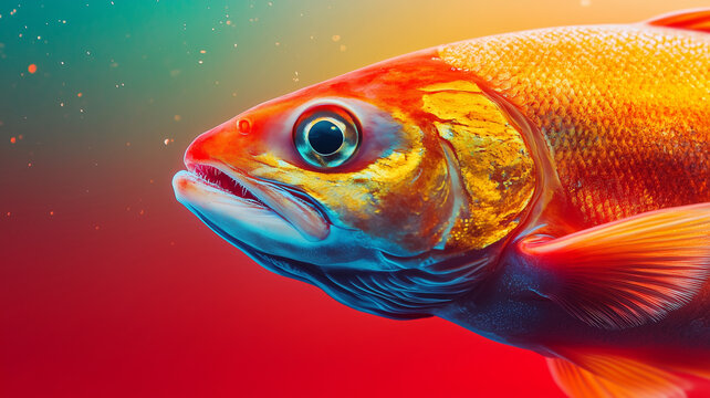 Vibrant salmon fish macro portrait digital illustration, bright orange and golden predator trout close up, colorful marine life concept art on red gradient background for poster design
