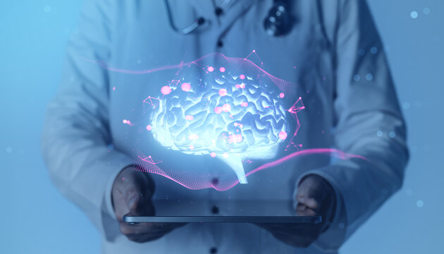 Doctor holding tablet with glowing brain interface, digital healthcare innovation, neuroscience research, medical technology, and business strategy concept.