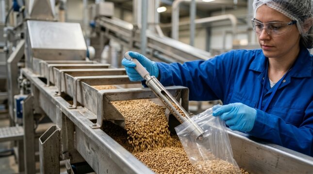 A quality control worker in a blue uniform samples malted barley during grain silo harvest using a metal trier, pouring the grain into a plastic bag inside the food processing plant