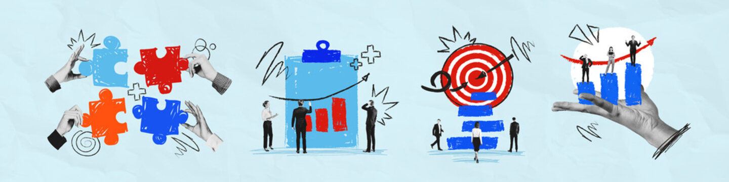 Business strategy collage with puzzle pieces, growth chart, targ