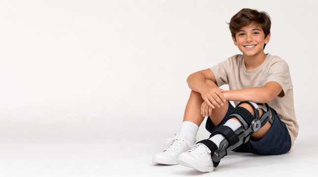 Smiling boy wearing knee joint brace isolated on white background