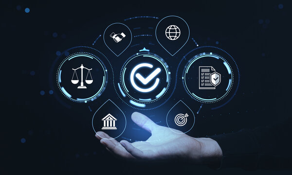 Digital business compliance dashboard with glowing approval, legal, security, global partnership and target icons above an open hand.