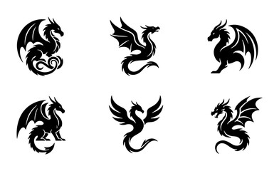 Fototapeta premium Mythical Dragon Icons Set, Fantasy Creature Vector Graphics, Tribal Tattoo Art, Heraldic Symbol Collection