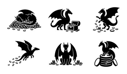 Dragon Icons Set: Mythical Creatures, Fantasy Beasts, Treasure Hoarders, Vector Graphics © Apurbo