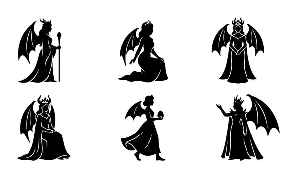 Gothic Queen Silhouettes, Dark Fantasy Female Figures, Winged Sorceress Icons, Mystical Royalty Vector Set