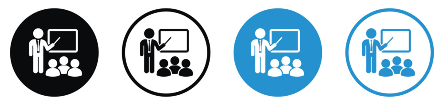 Graduation lecture icon set featuring a speaker presenting a graduation cap on a projector screen to an audience. Flat vector isolated on black and blue circle frames.