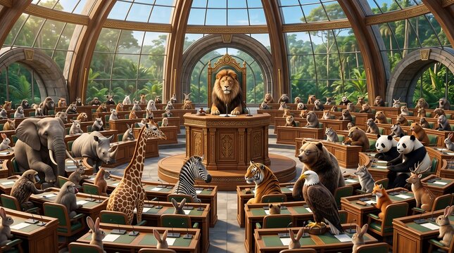 Diverse wild animals sitting at desks in a parliamentary chamber with a lion presiding