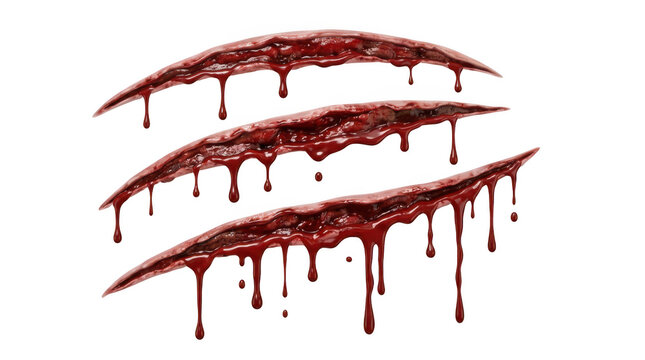 Three deep bloody lacerations or wounds with dripping blood isolated on transparent background