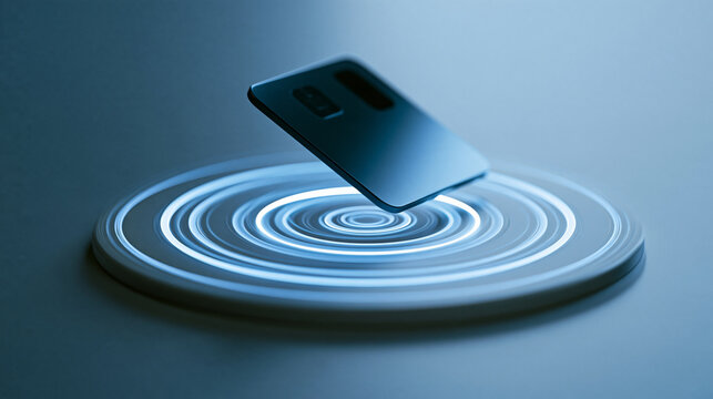 Contactless credit card hovering above glowing wireless payment terminal pad