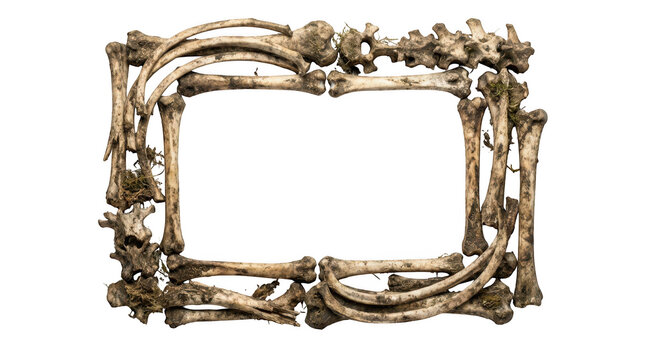 Rectangular frame made of dirty, weathered animal bones and moss isolated on transparent background