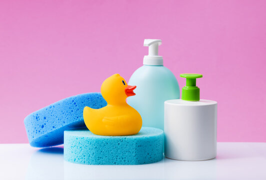 Personal Hygiene Set with Rubber Duck, Sponges, and Lotion Bottles