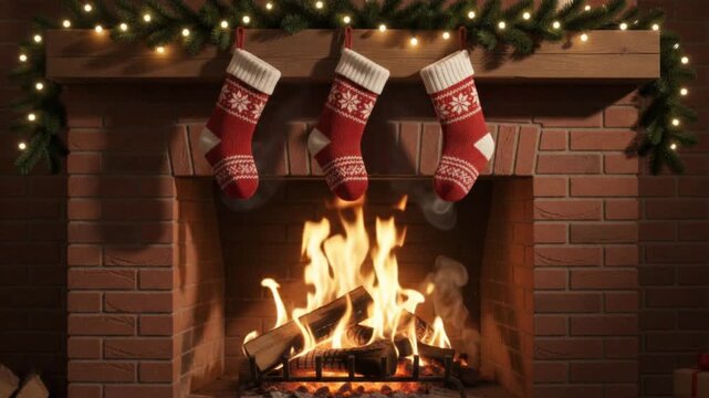 Cozy Christmas Fireplace with Stockings and Twinkling Lights Warm Winter Holiday Scene