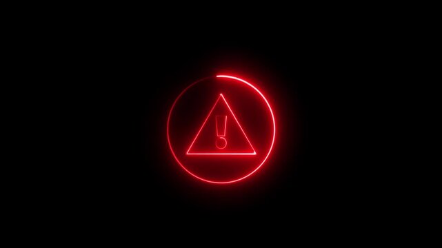 Red neon warning alert animation.Small glowing red neon warning triangle symbol with an exclamation mark inside, isolated on a dark black background, indicating danger or alert.