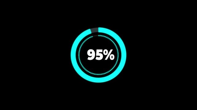 Futuristic circular loading percentage animation ,Count down from 0 to 95 % timer animation , loading circle animation on black screen background .