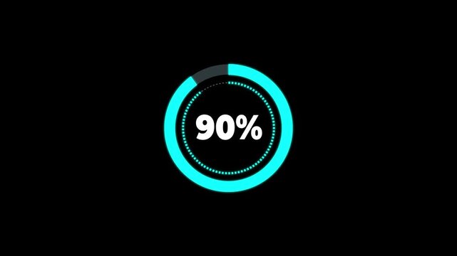 Futuristic circular loading percentage animation ,Count down from 0 to 90 % timer animation , loading circle animation on black screen background .