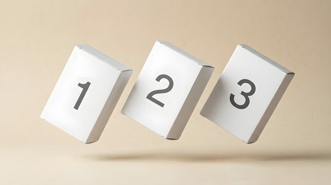 Floating white dice blocks with black numbers one two and three arranged diagonally dice set floating boardgame sequence minimalist isolated