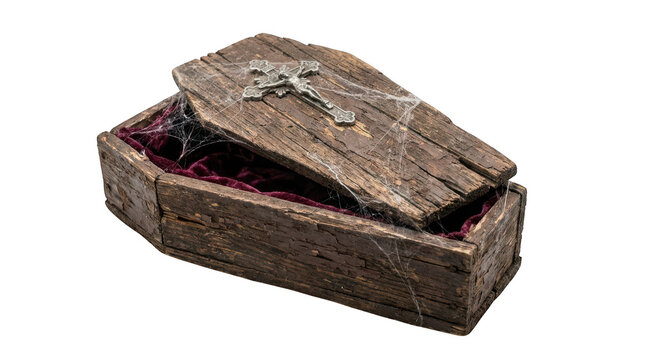 Old wooden coffin with crucifix and cobwebs isolated on transparent background