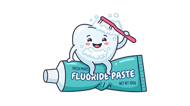 Cartoon character of a smiling clean tooth brushing itself while sitting on a tube of fluoride toothpaste with dentistry toothpaste character