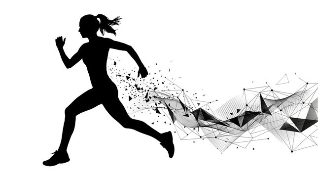 Silhouette of a running woman with abstract geometric particle trail representing speed and technology