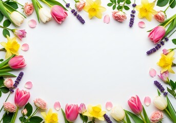 Fototapeta premium Spring Flower Border with Tulips, Daffodils and Roses