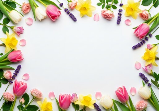 Spring Flower Border with Tulips, Daffodils and Roses