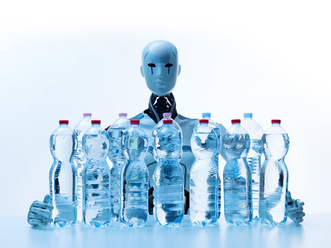 AI humanoid robot surrounded by plastic water bottles conceptualizing tech water footprint