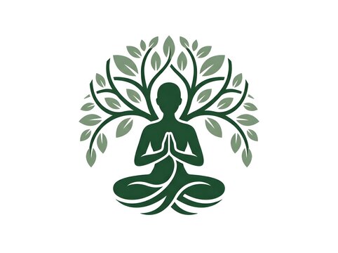 Yoga meditation logo design with a stylized person and tree silhouette