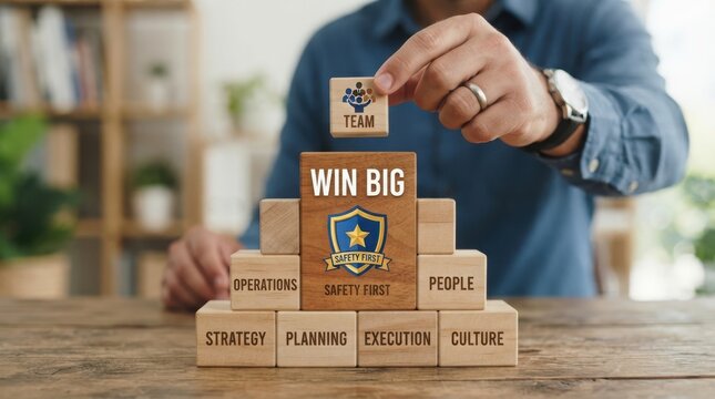Man builds team success with blocks labeled strategy and win big