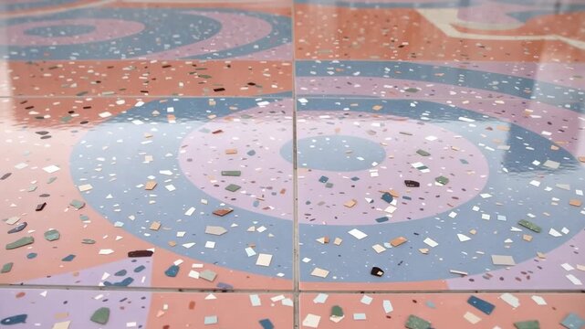 Abstract terrazzo pattern with swirling blue and peach motifs in a clean architectural setting