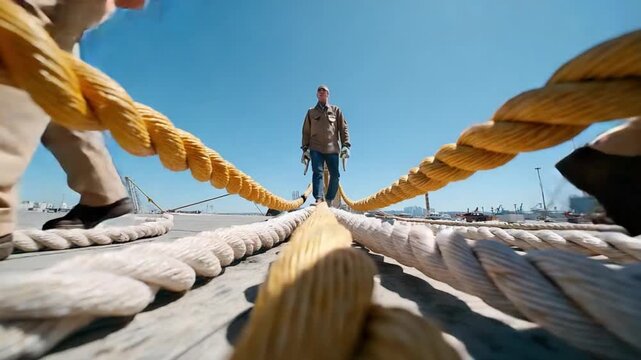 Tug of War on Deck: Two people are seen from a low angle, pulling on thick ropes as a man stands in the distance, creating a dramatic sense of struggle and determination under a clear blue sky.