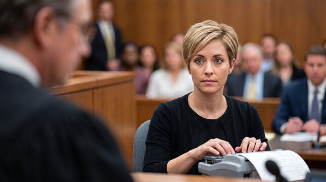 Court reporter typing on stenotype machine during trial, legal transcription and courtroom proceedings