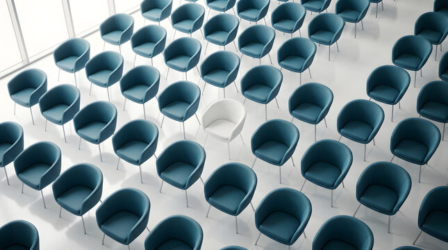 Single white chair standing out in a rows of dark blue office chairs